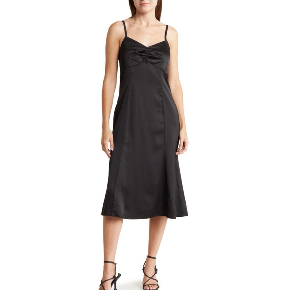 MELROSE AND MARKET Black Ruched Satin Slip Dress